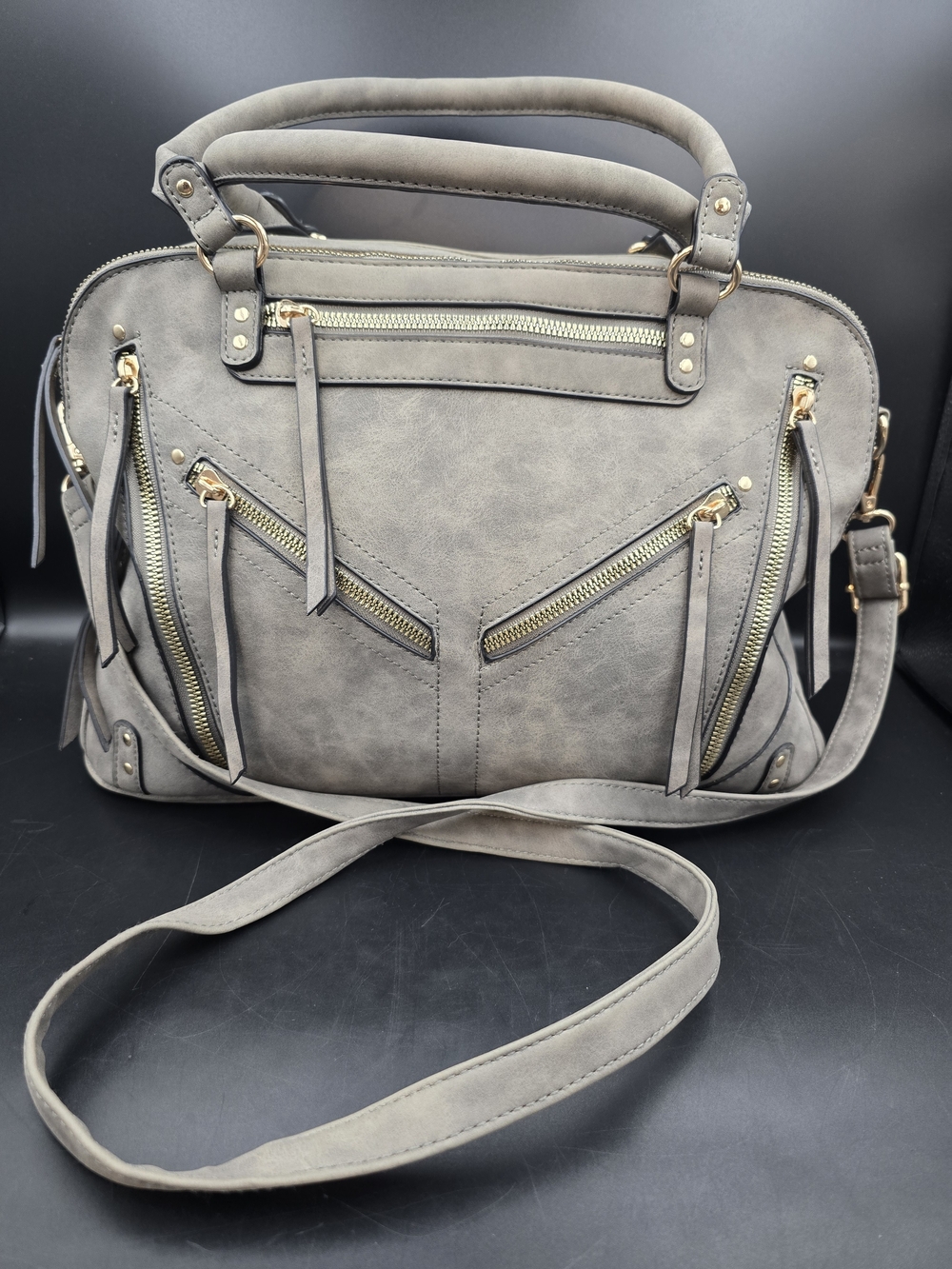 Women's Grey Satchel with Gold Hardware and Detachable Strap